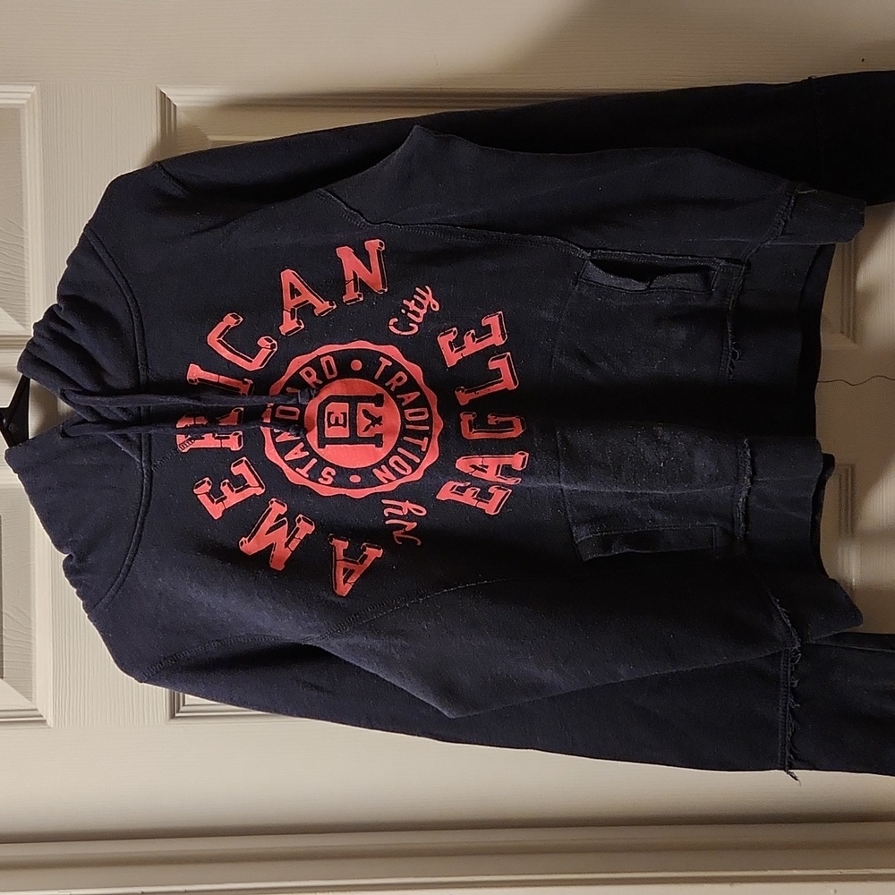 American Eagle Outfitters Navy Pullover Hoodie with Pink Logo